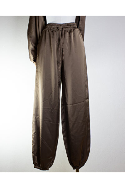 Fast Perry Yüksek Bel Lastikli Saten Pantolon Kahverengi