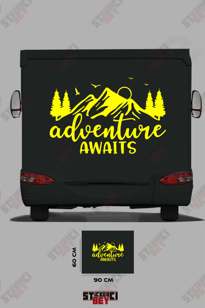 STİCKERCI BEY ملصق كارافان مزين بصورة جبل وشجرة مع عبارة 'المغامرة تنتظر'