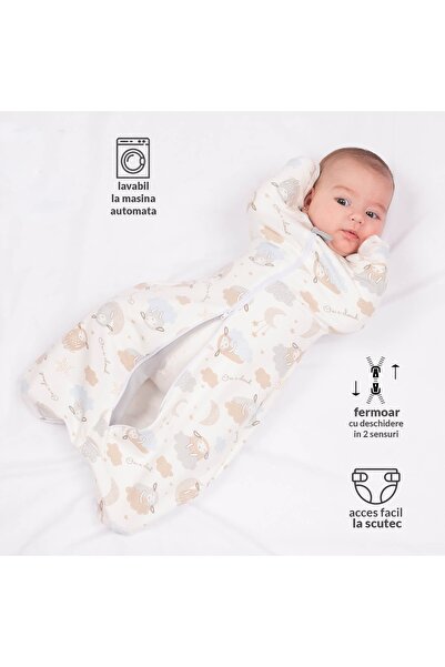 Kidizi Sistem de infasat cu fermoar dublu Swaddel Confort Elefun Pink 0-4 luni, 100% bumbac, 0.5 tog