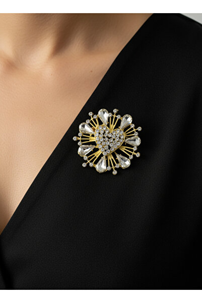 GKCBijoux Kalp detaylı Damla Taşlı Güneş Modeli Gold Broş - Abiye Yaka İğnesi