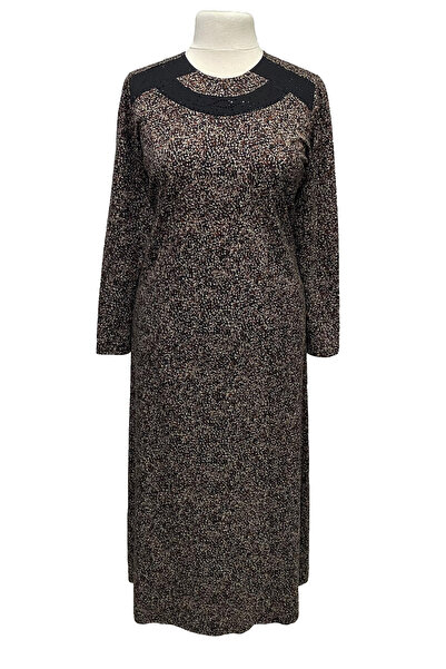 Giyinen Mağazaları Lilac Round Neck Mixed Pattern Transitional Combed Cotton Dress with Sleeves