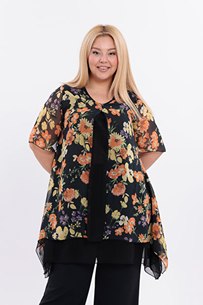 HELVEYS Yellow Floral Special Design Tulle Fabric Lined Short Sleeve Short Sleeve Plus Size Blouse 5023