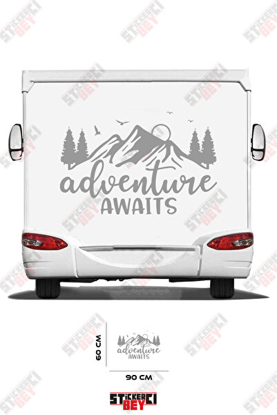 STİCKERCI BEY ملصق كارافان مزين بصورة جبل وشجرة مع عبارة 'المغامرة تنتظر'