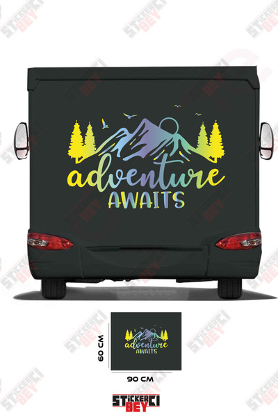 STİCKERCI BEY ملصق كارافان مزين بصورة جبل وشجرة مع عبارة 'المغامرة تنتظر'