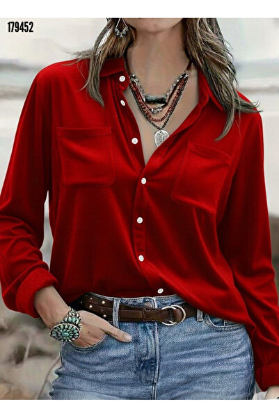 BZ Boutique Uzun Kollu Düğmeli Yakalı Cepli Büyük Beden Kadife Gömlek 179450