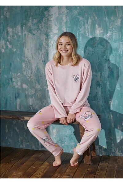 İpek طقم بيجامة نسائي مخملي بأكمام طويلة وياقة دائرية ونقشة أرنب