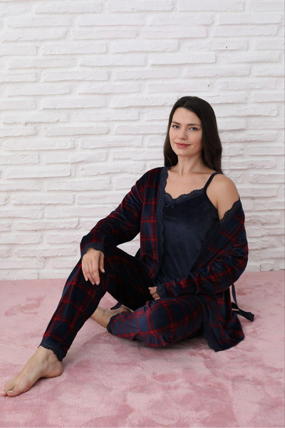 Pijamoni Women's French Velvet 3-Piece Navy Blue Plaid Pajama Set