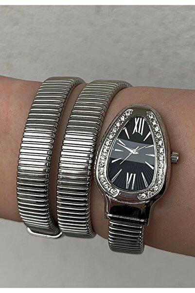 Coliseum Çelik Yılanlı Taşlı Siyah Kasa Dolamalı Kadın Pinterest Saat Gümüş Saat