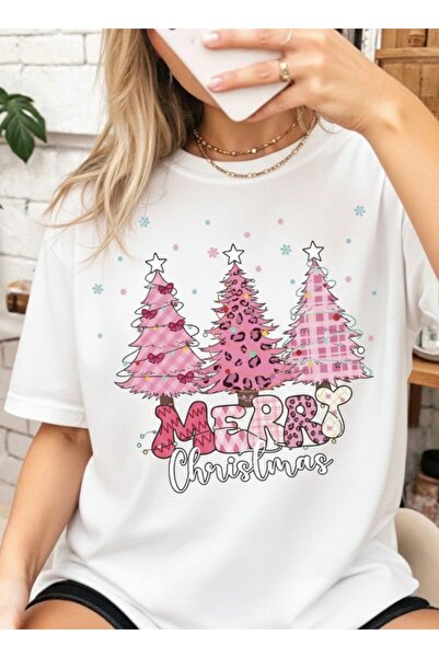 one button Tricou unisex de Crăciun roz cu detaliu cu trei brazi de Crăciun, ...