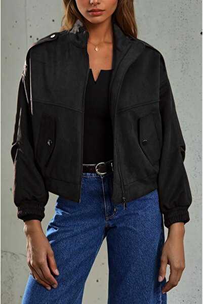 Robin D99806 Cep Detaylı Oversize Kısa Süet Kadın Mont