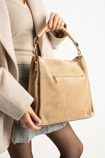 PIEL LINO Women's Genuine Suede Leather Shoulder and Crossbody Bag Pl029-S Beige