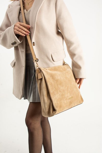 PIEL LINO Women's Genuine Suede Leather Shoulder and Crossbody Bag Pl029-S Beige