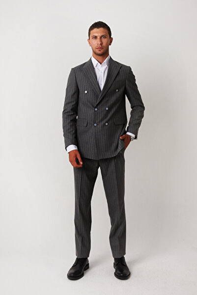 wodelli Men's Dark Gray Striped Double-Breasted Piece Suit – Regular Cotton Fabric