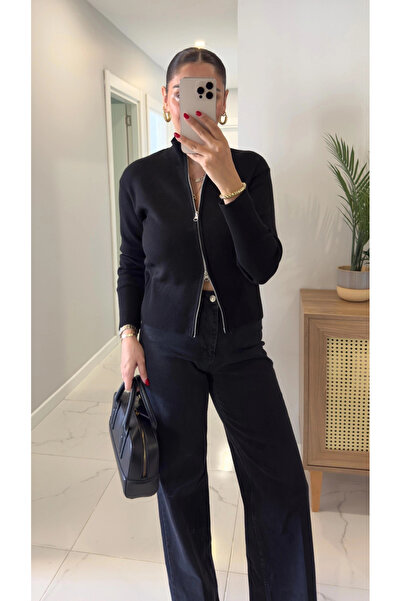 My Blog Black 100% Cotton Zippered Knitwear Cardigan - 0657