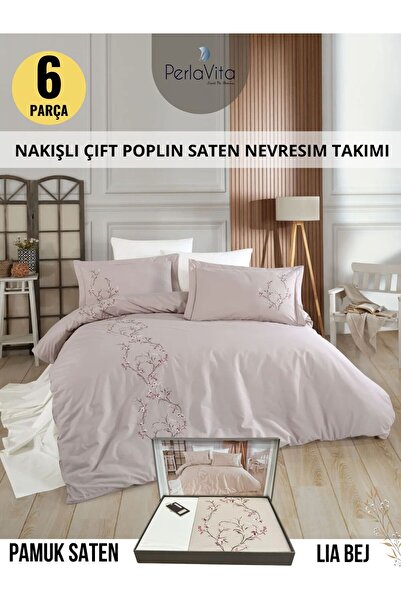 Dantela LIA BEJ Nakışlı Çift Kişilik Pamuk Saten Nevresim Takımı 6 parca
