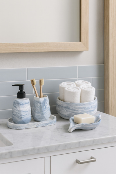 Zigzag Home Set de baie decorativ din 5 piese cu model de marmură, geometric, dozator de săpun lichid/solid, suport pentru periuță de dinți, tavă, suport pentru prosoape