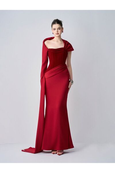 New Moon فستان احمر باربي صدر مطرز فاخر