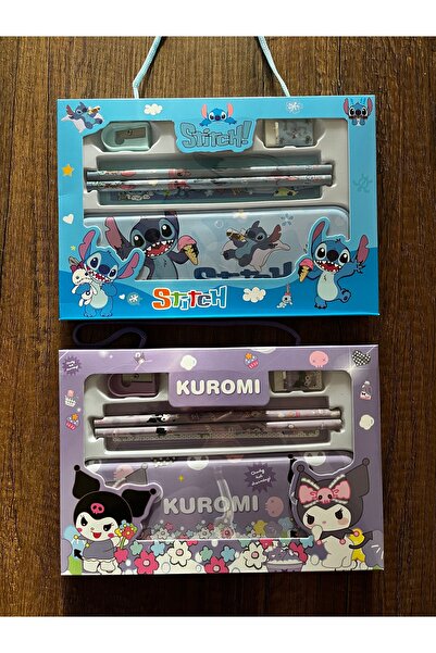 gülümse gel Kırtasiye Okul Seti 2'li Kuromi ve Stich Stiç Kalemlik Kalem Silgi Kalemtıraş Cetvel Set