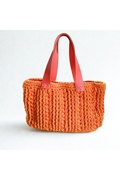 madame leman حقيبة كتف نسائية محبوكة يدويًا باللون البرتقالي - حقيبة يومية بح...