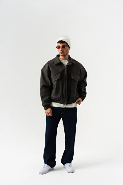 go gang own Urban Pocket Leather Coat with Zipper and Pocket Detail