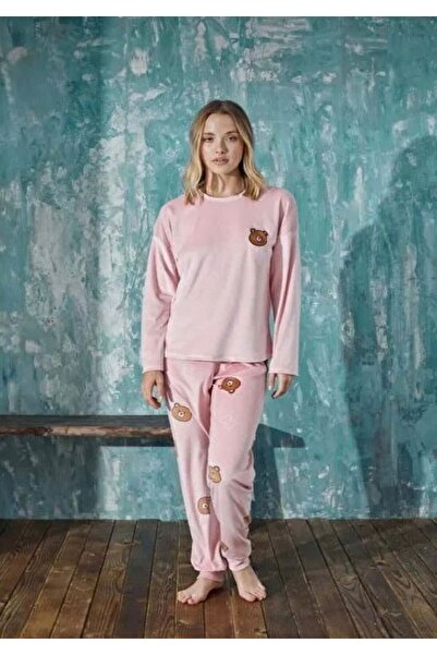 İpek طقم بيجامة نسائي بأكمام طويلة وياقة دائرية ونقشة دب من القطيفة