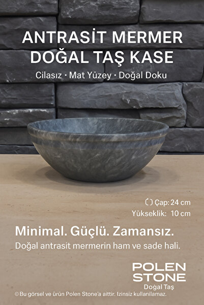 Polen Stone Antrasit Mermer Doğal Taş Kase – Cilasız Mat Yüzey (24 cm)