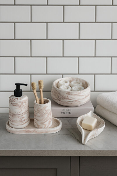 Zigzag Home Dekoratif 5 Parça Mermer Desen Oval Banyo Seti Sıvı ve Katı Sabun...