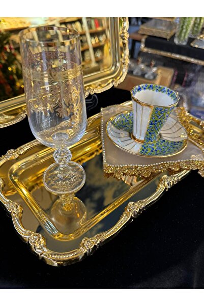 LOKMAN ZÜCCACİYE SHOWROOM 3 Pcs Steel Gold Tray with Gold Rose Stripes Baguet...