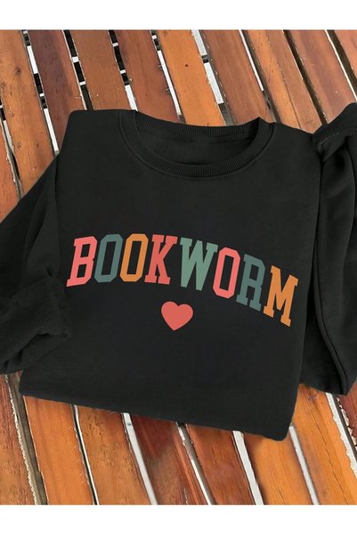 WESTİMO Women's Black Bookworm Printed Oversized Crew Neck Sweatshirt