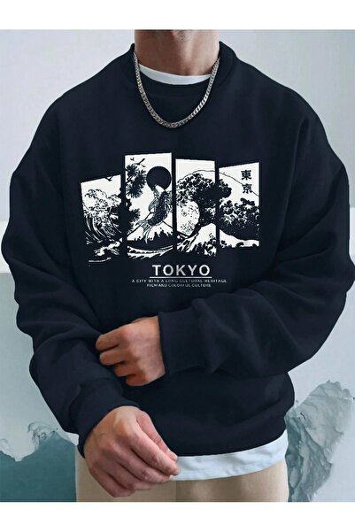 WESTİMO Men's Navy Blue Tokyo Printed Oversized Crew Neck Sweatshirt
