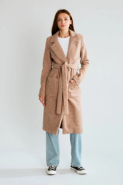 cemo Bağlama Kemerli Ve Yama Cepli Uzun, Dokulu Kruvaze Kaban