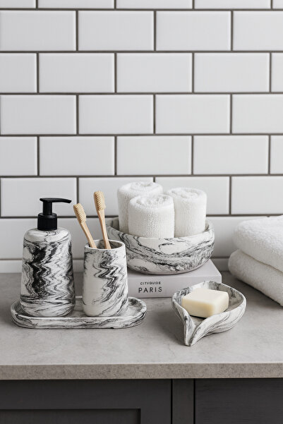 Zigzag Home Dekoratif 5 Parça Mermer Desen Oval Banyo Seti Sıvı ve Katı Sabun...