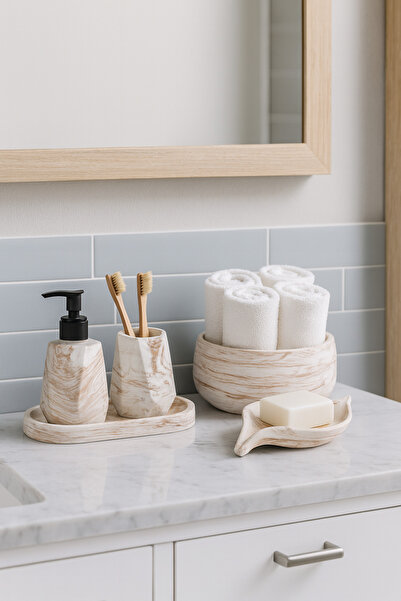 Zigzag Home Set de baie decorativ din 5 piese cu model de marmură, geometric, dozator de săpun lichid/solid, suport pentru periuță de dinți, tavă, suport pentru prosoape