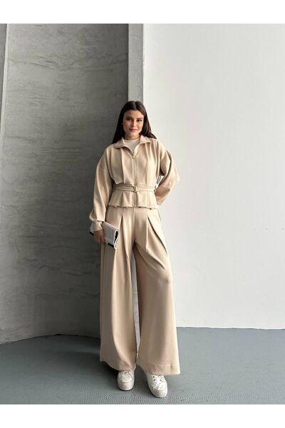 trivvy طقم سترة نسائية بحزام وساق واسعة مع سحاب