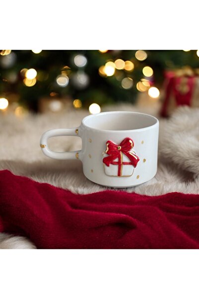 terraco ceramic New Year's Candy Cane Gift Pack of 3 Gold Detailed Embossed Handmade Ceramic Mugs