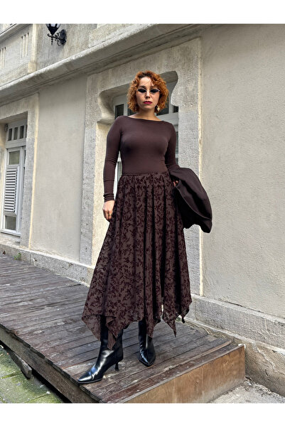 Bak'ap Premium Trend Velvet Textured Asymmetrical Maxi Long Skirt