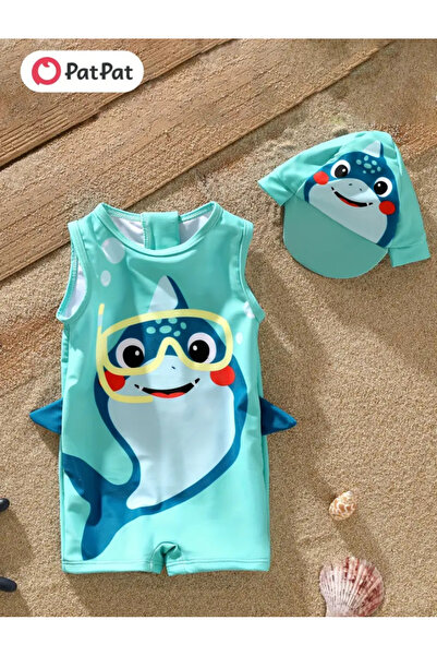 MODA Erkek Bebek Köpekbalığı Desenli Kolsuz Tulum Mayo ve Şapka Seti