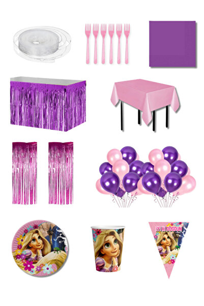 Rapunzel Parti Seti 8 Kişilik Premium | Masa Etekli Arka Fonlu Balon Zincirli Rapunzel Konsept