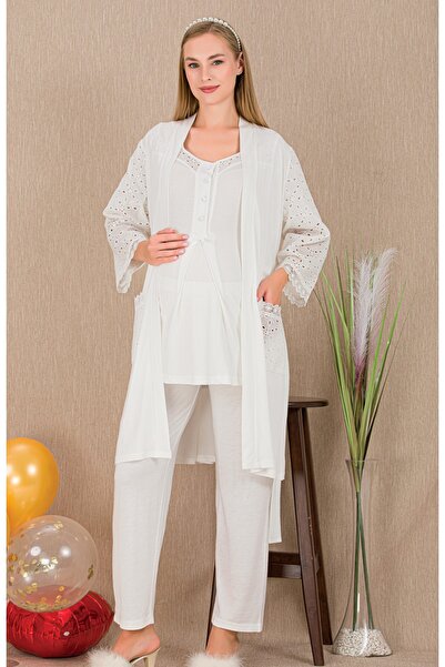 MOPİ Buttoned Collar Pocketed Robe Short Sleeve Stylish Maternity & Postpartum 3-Piece Pajama Set