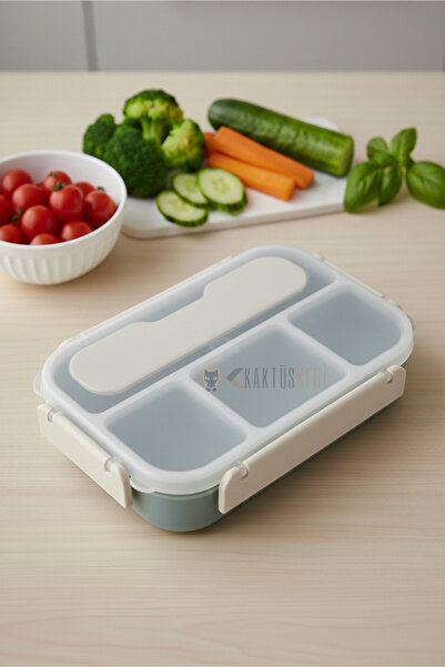 KaktüsKedi حاوية طعام بأربعة أقسام مع شوكة وملعقة - حاوية لتخزين الوجبات