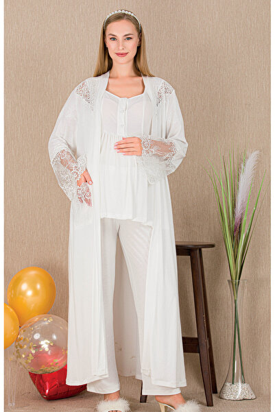 MOPİ Buttoned Collar Lace Detailed Pocketed Dressing Gown Maternity & Postpar...