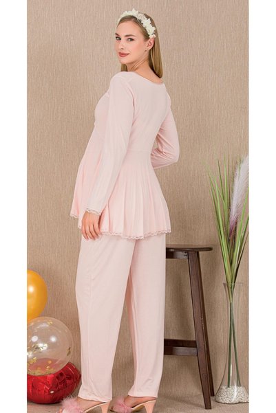 MOPİ Long Sleeve 3-Piece Maternity/Postpartum Set with Robe and Lace