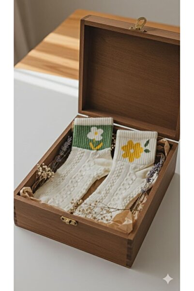 HKN ÇORAP - 2'Lİ PAPATYA DESENLİ KREM RENKLİ KADIN ÇORAP