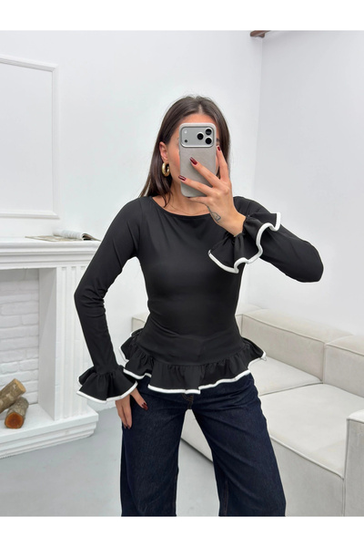 Zoom Butik Volanlı Dalgıç Bluz - SİYAH