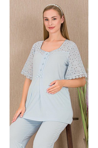 MOPİ Set de 3 pijamale pentru gravide și postpartum, cu mâneci scurte, cu buzunare la guler, cu nasturi