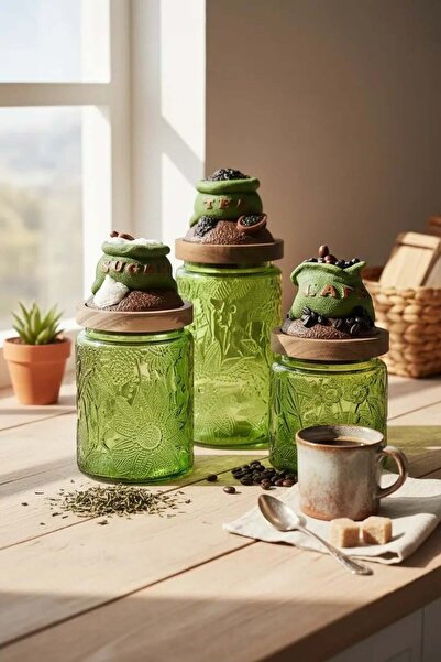 Handan UZUNOĞLU طقم برطمانات زجاجية خشبية محكمة الغلق للشاي والقهوة والسكر مك...