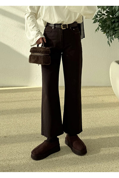 MODA AKSA (1068) Zara Model Ultra Yüksek Belli Kesik Düz Paça Jeans acı kahve