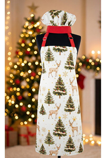 Sosyal Terzi Yılbaşı Temalı Geyik ve Çam Ağacı Desenli Mutfak Önlüğü & Aşçı Ş...
