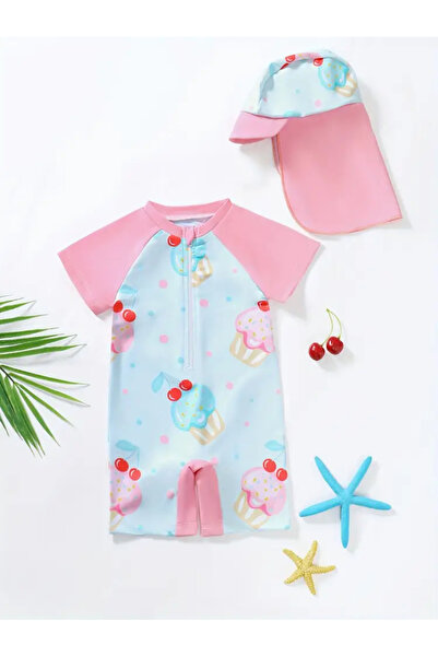 MODA Kız Bebek Cupcake Desenli Fermuarlı Kısa Kollu Tulum Mayo ve Şapka Seti