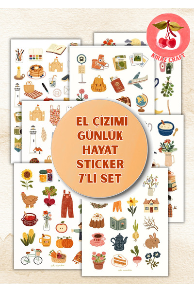 Kiraz Craft El Çizimi Sticker 7’li Set Etiket – Cozy & Vintage - Ajanda, Bull...